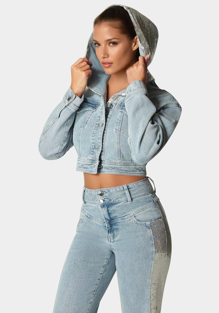 Bebe Sequin Hooded Denim Jacket