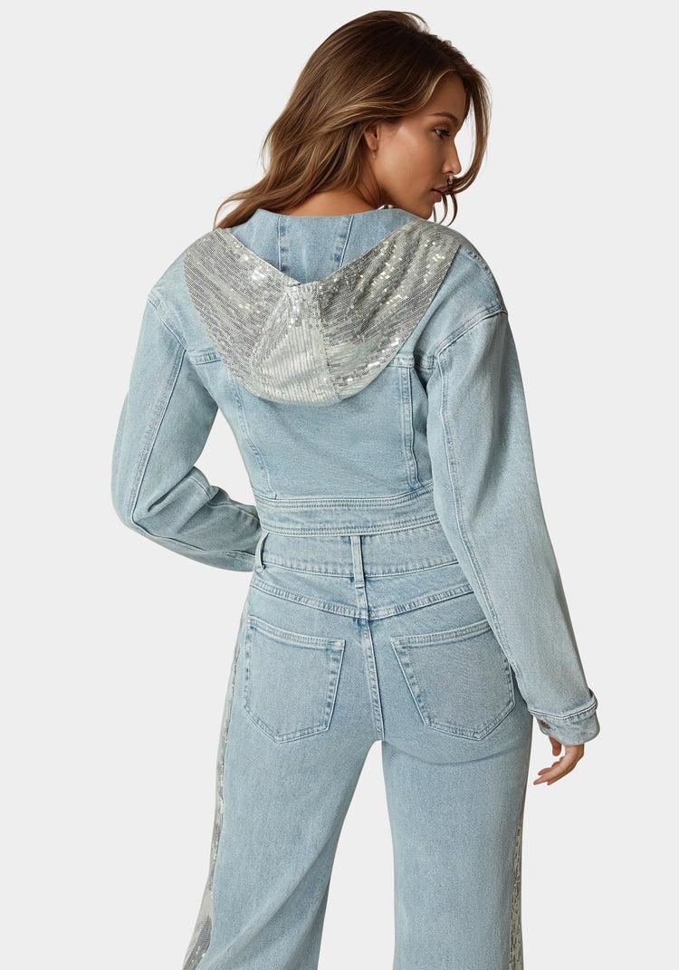 Bebe Sequin Hooded Denim Jacket