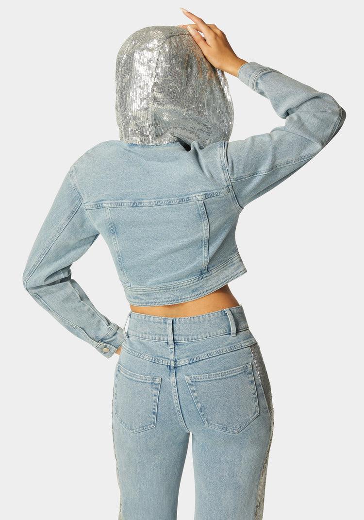 Bebe Sequin Hooded Denim Jacket
