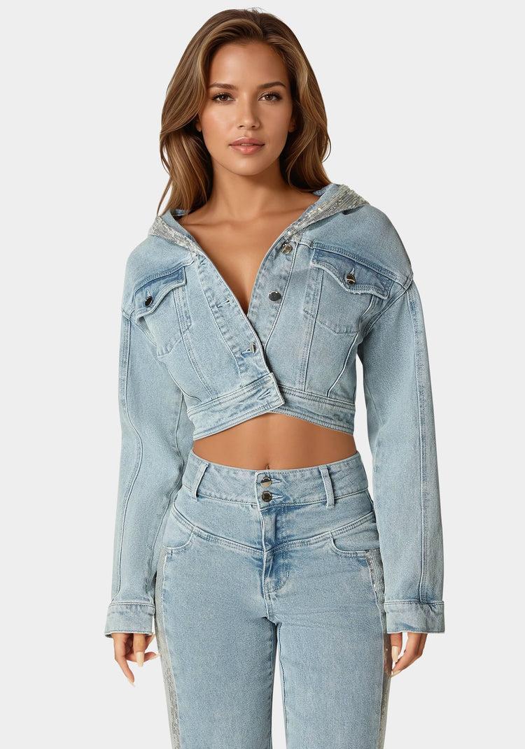bebe Sequin Hooded Denim Jacket