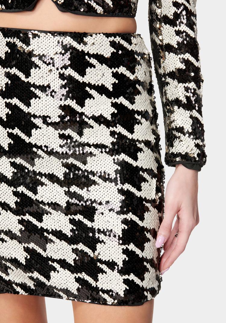 Bebe Sequin Houndstooth Mini Skirt
