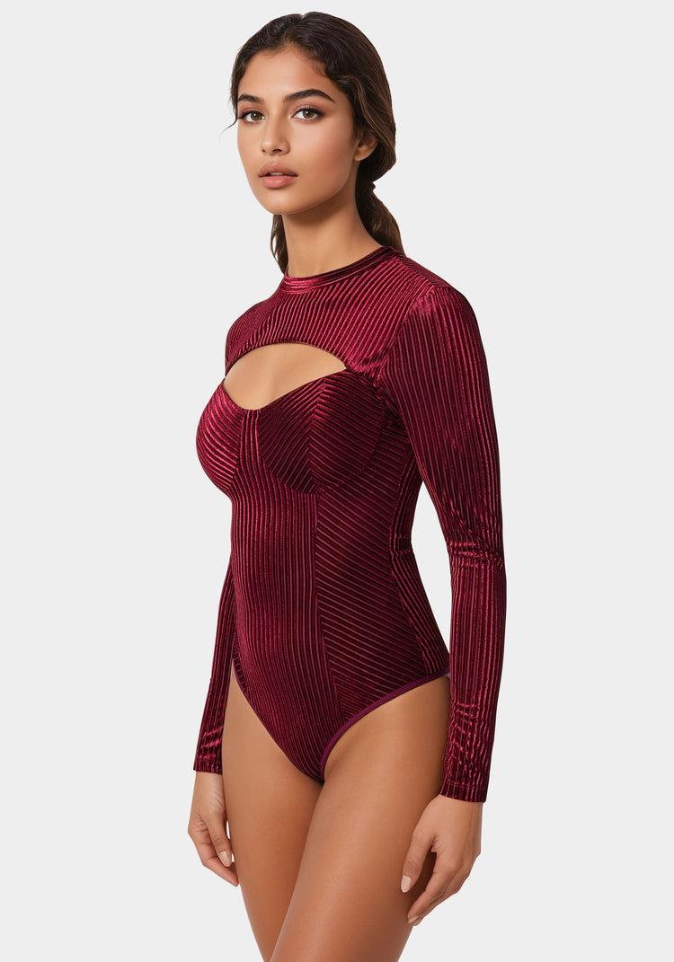 Bebe Shadow Stripe Velour Cutout Bodysuit