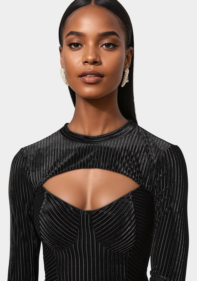 Bebe Shadow Stripe Velour Cutout Bodysuit