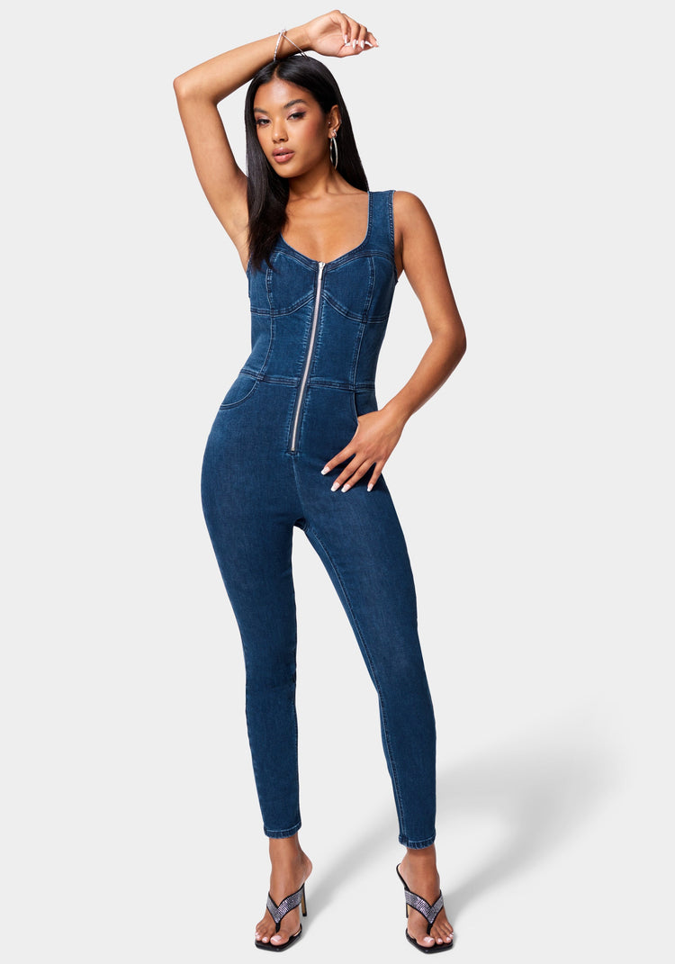 Bebe Skinny Leg Front Zip Denim Jumpsuit