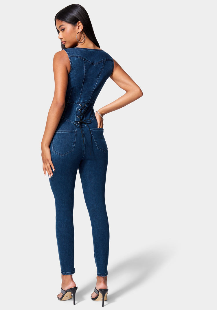 Bebe Skinny Leg Front Zip Denim Jumpsuit