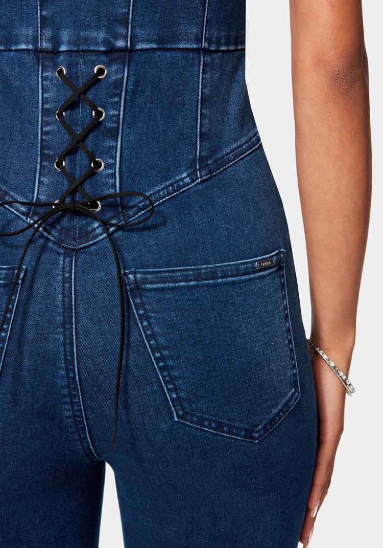 Bebe Skinny Leg Front Zip Denim Jumpsuit