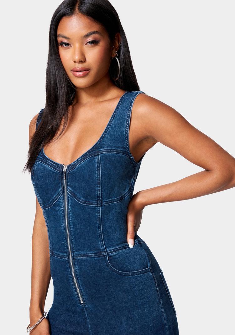 bebe Skinny Leg Front Zip Denim Jumpsuit