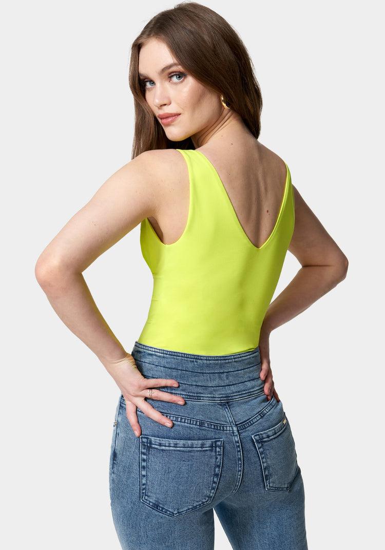 Bebe Sleeveless Ruched Deep V Knit Bodysuit