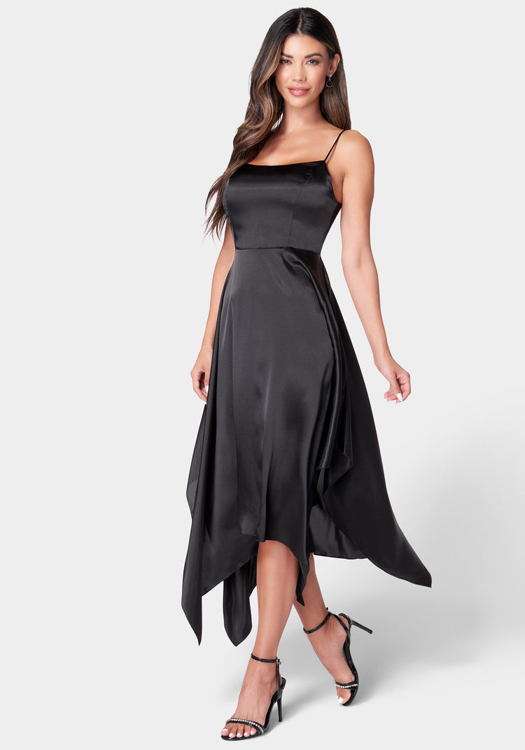 Bebe Solid Satin Sharkbite Dress