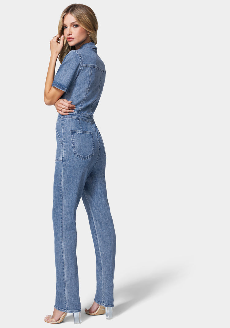 Bebe Straight Leg Zip Front Denim Jumpsuit
