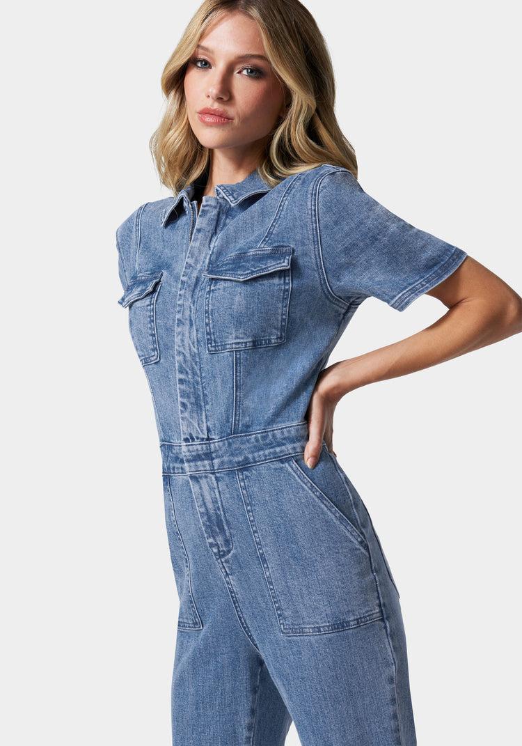 Bebe Straight Leg Zip Front Denim Jumpsuit