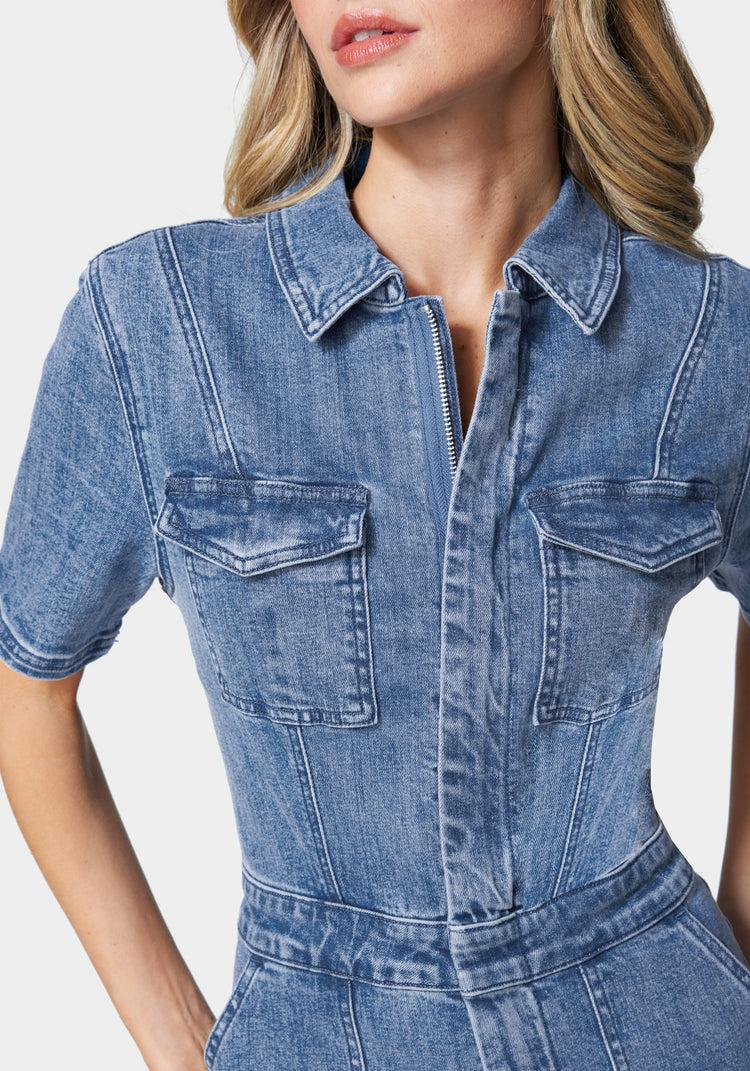 Bebe Straight Leg Zip Front Denim Jumpsuit