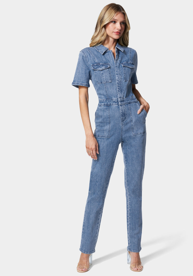 bebe Straight Leg Zip Front Denim Jumpsuit