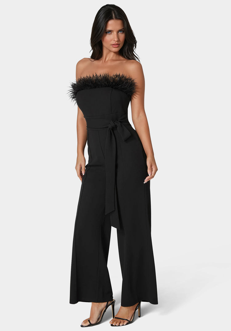 Bebe Strapless Feather Jumpsuit