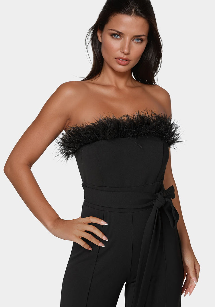 Bebe Strapless Feather Jumpsuit