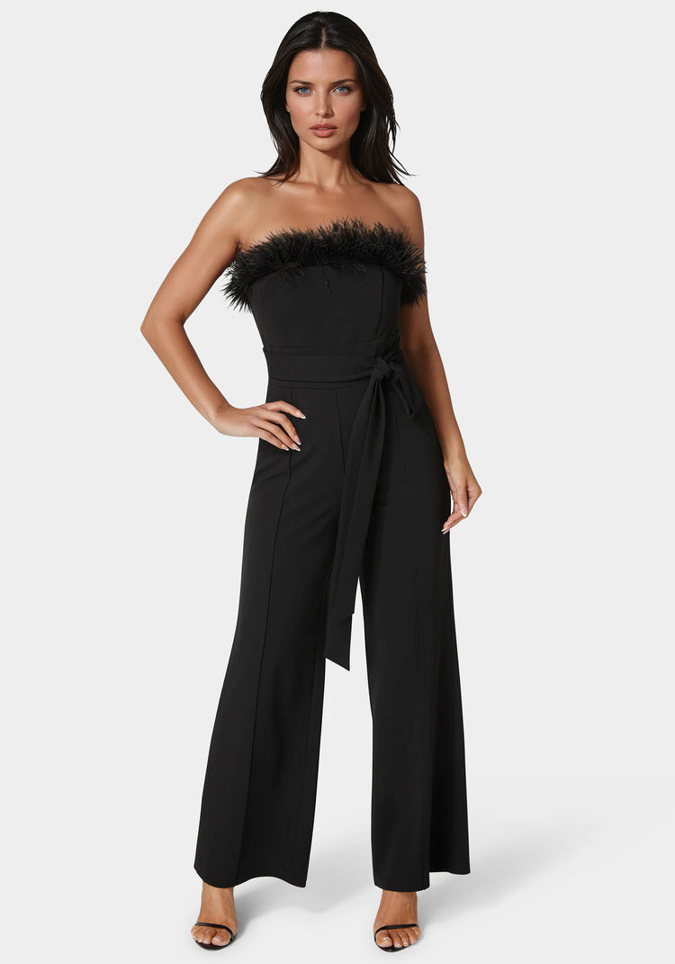 bebe Strapless Feather Jumpsuit