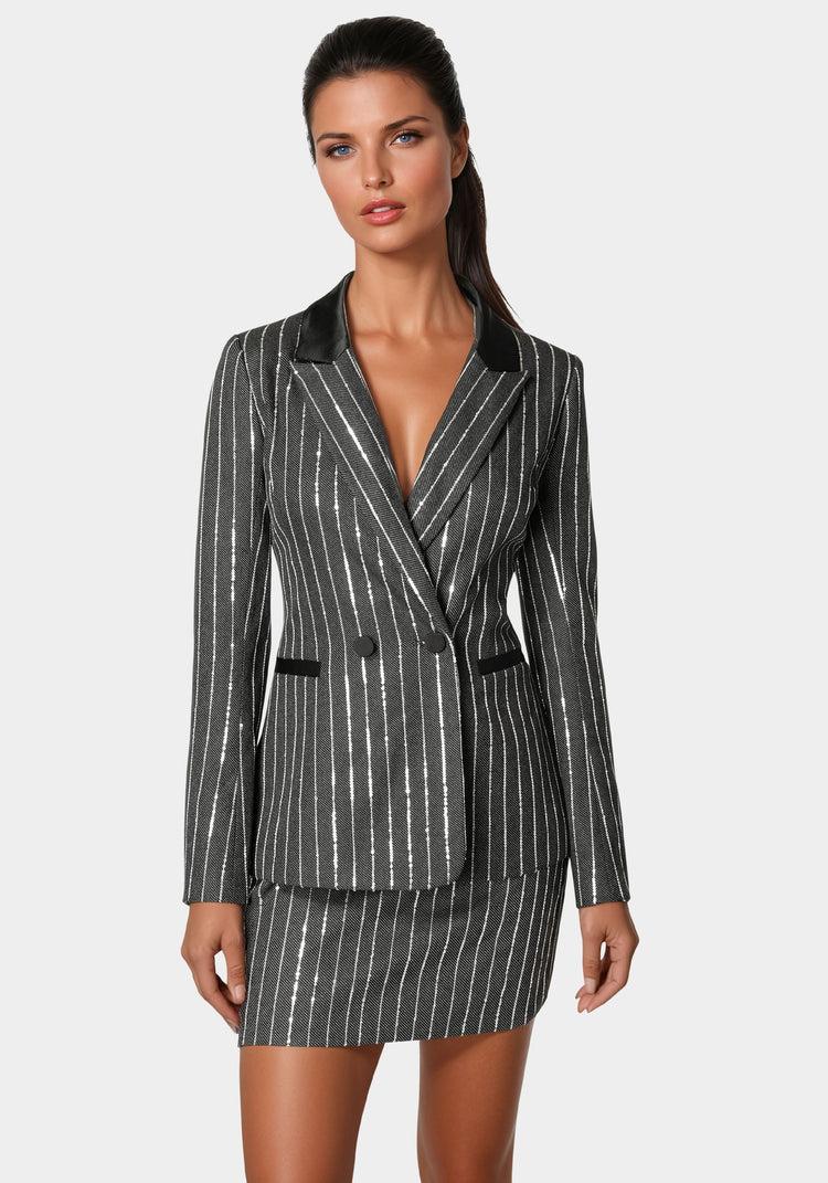 Bebe Stripe Sequins Double Breasted Blazer