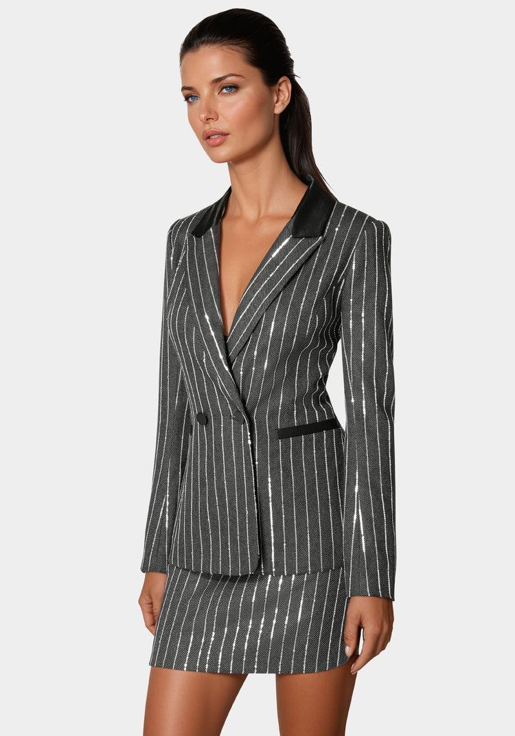 Bebe Stripe Sequins Double Breasted Blazer