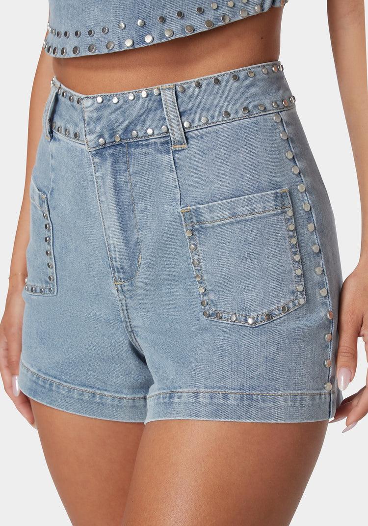 Bebe Studded Detail Denim Shorts
