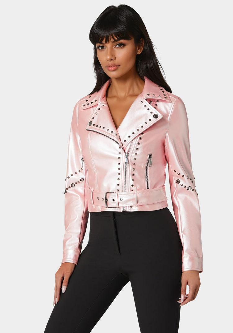 Bebe Studded Vegan Leather Moto Jacket