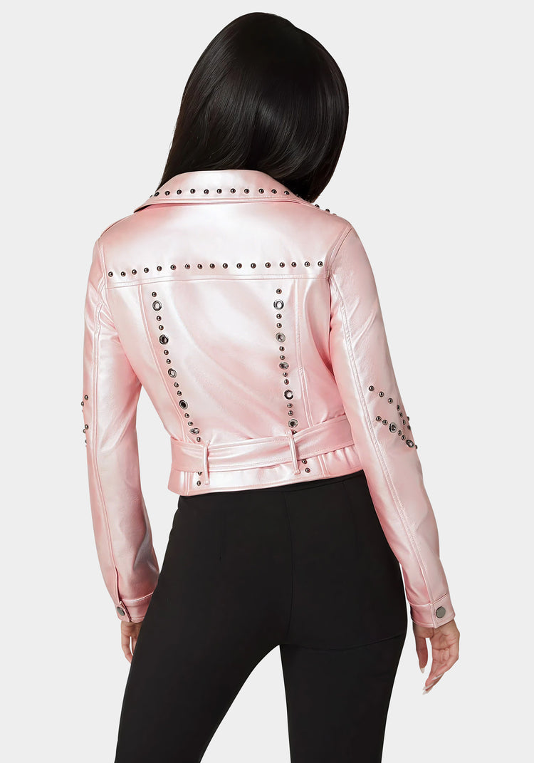 Bebe Studded Vegan Leather Moto Jacket
