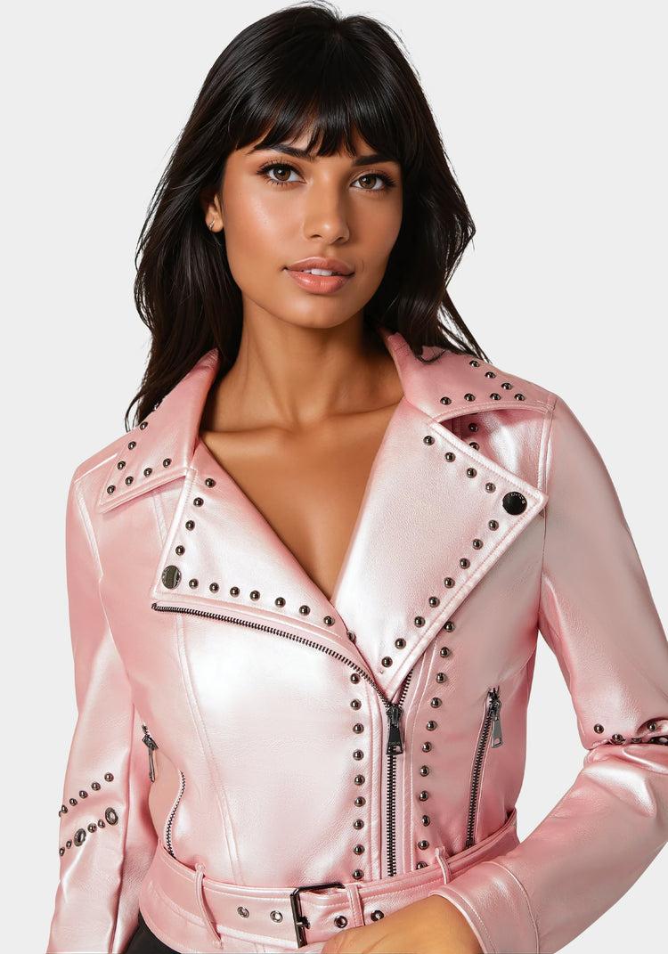 Bebe Studded Vegan Leather Moto Jacket