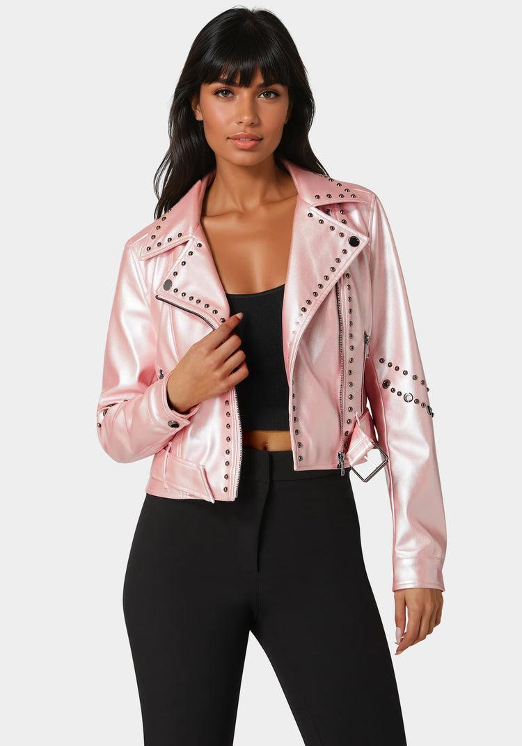 bebe Studded Vegan Leather Moto Jacket