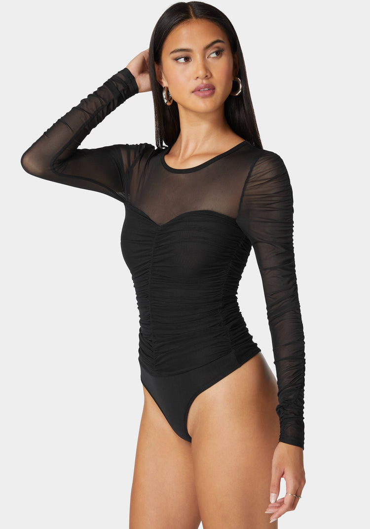 Bebe Sweetheart Neckline Shirred Mesh Bodysuit