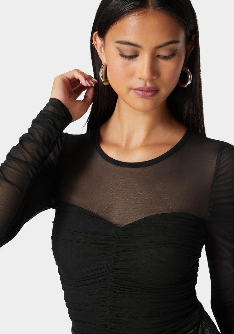 Bebe Sweetheart Neckline Shirred Mesh Bodysuit