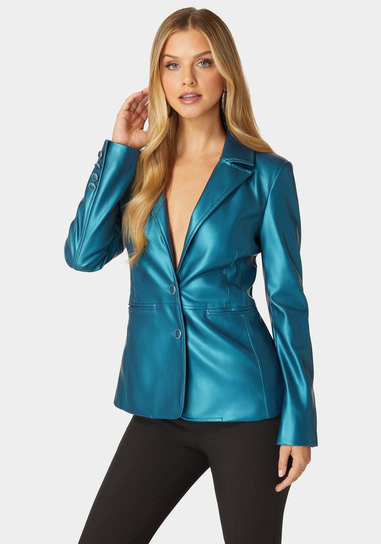 bebe Tailored Metallic Vegan Leather Blazer