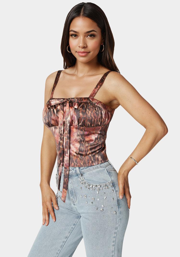 Bebe Tie Front Ruched Bust Satin Corset