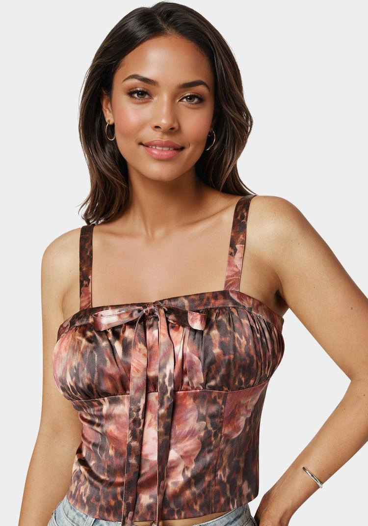 Bebe Tie Front Ruched Bust Satin Corset