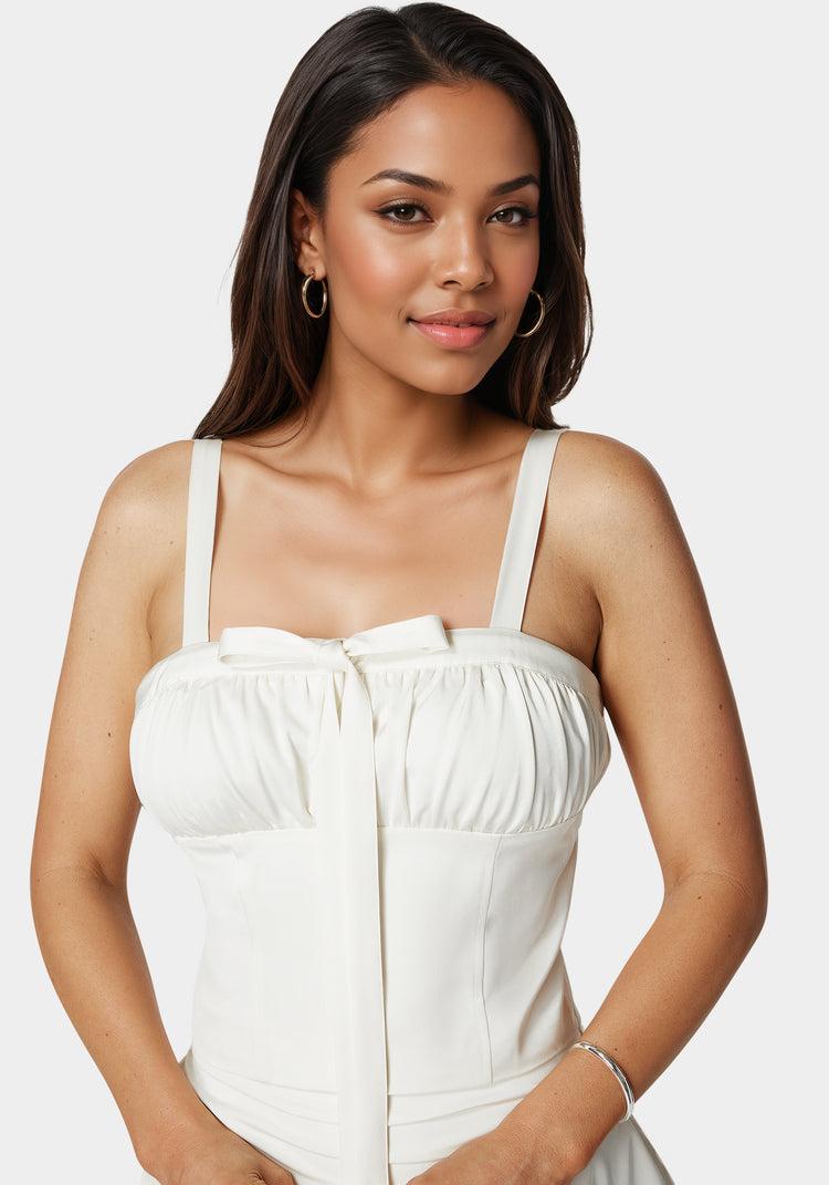 Bebe Tie Front Ruched Bust Satin Corset