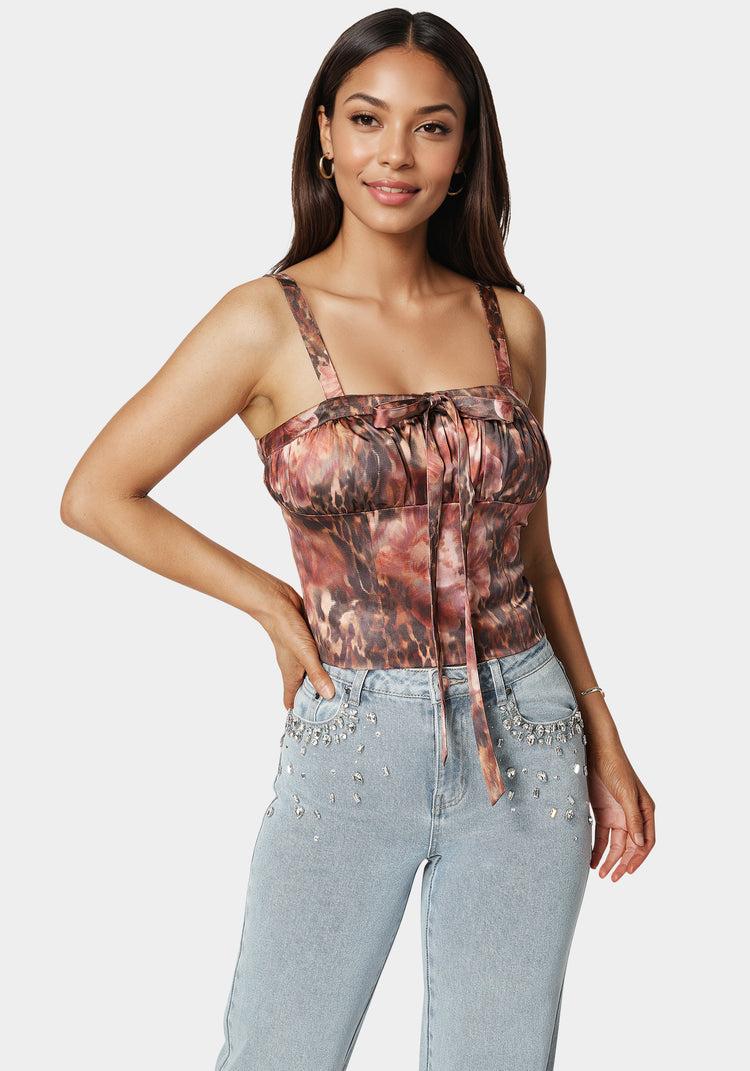 bebe Tie Front Ruched Bust Satin Corset