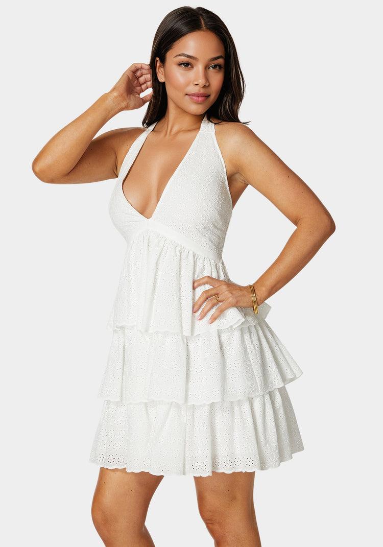 Bebe Tiered Eyelet Halter Dress