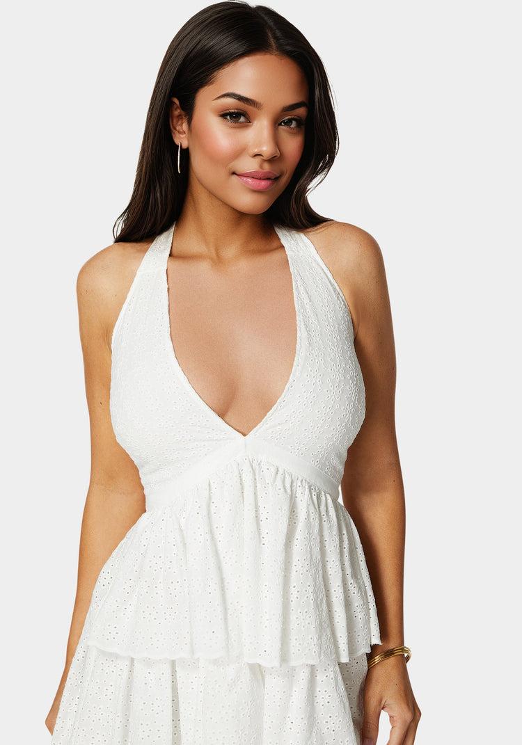 Bebe Tiered Eyelet Halter Dress