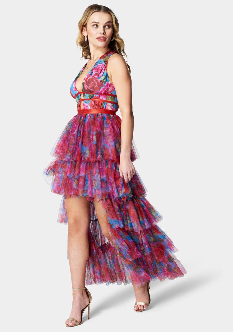 Bebe Tiered High Low Gown