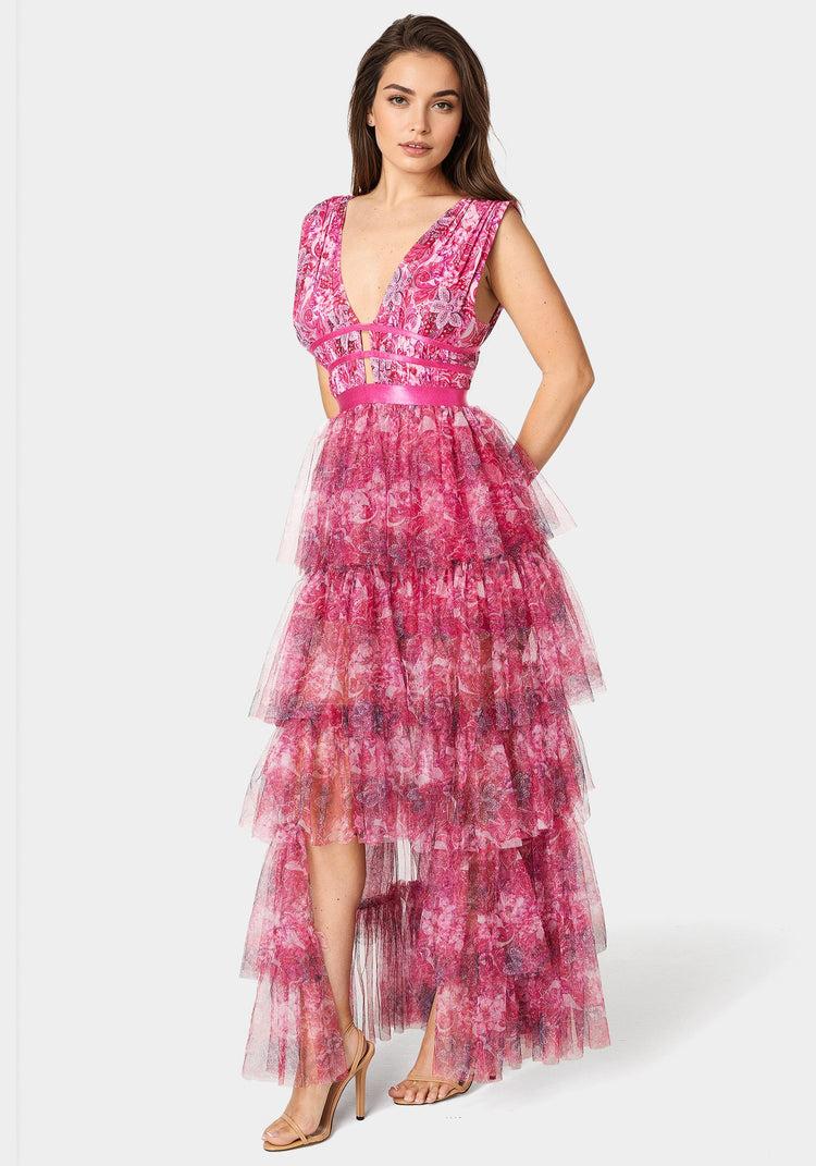 Bebe Tiered High Low Mesh Dress