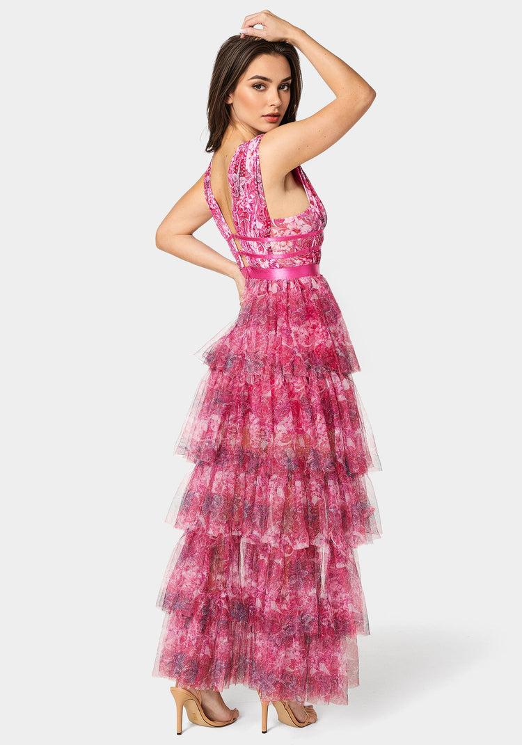 Bebe Tiered High Low Mesh Dress