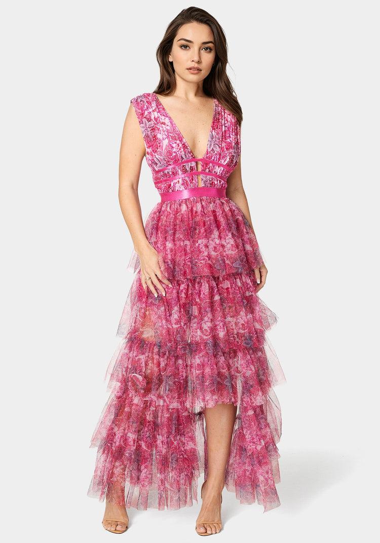 bebe Tiered High Low Mesh Dress