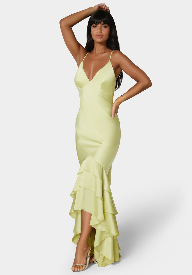 Bebe Tiered Satin High Low Gown