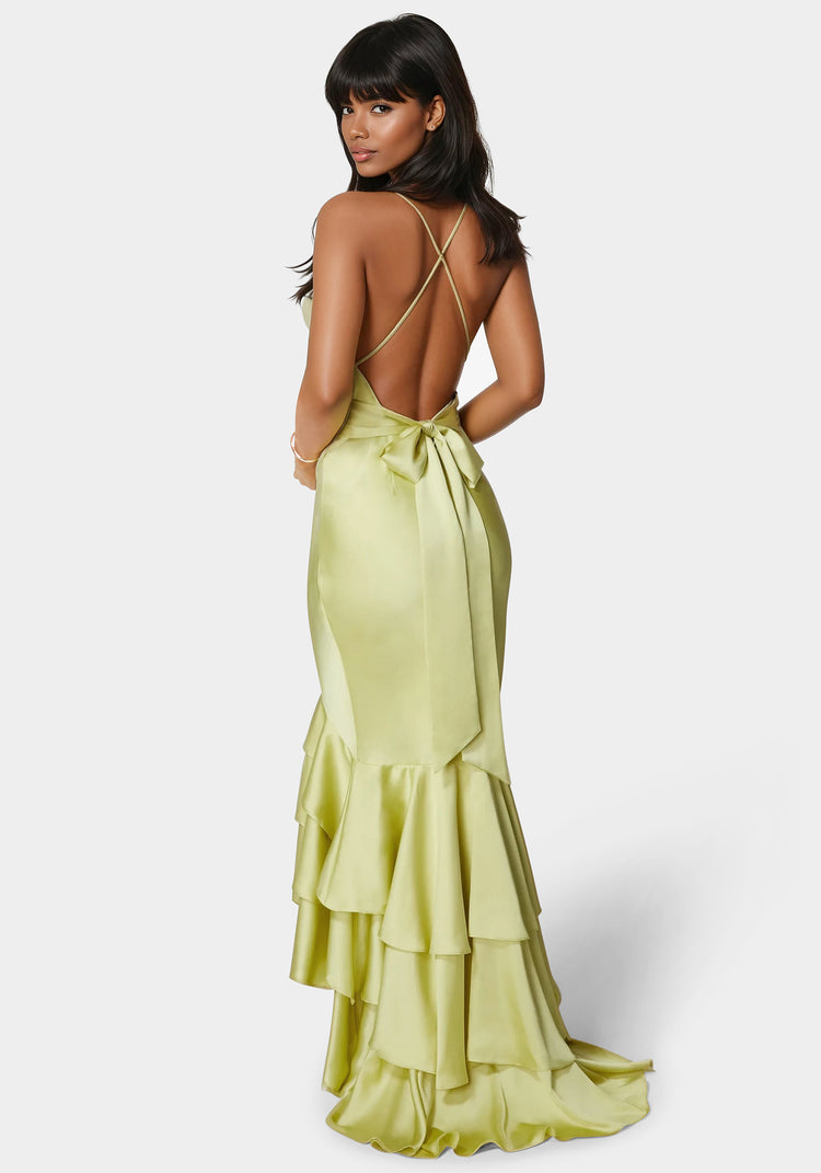 Bebe Tiered Satin High Low Gown