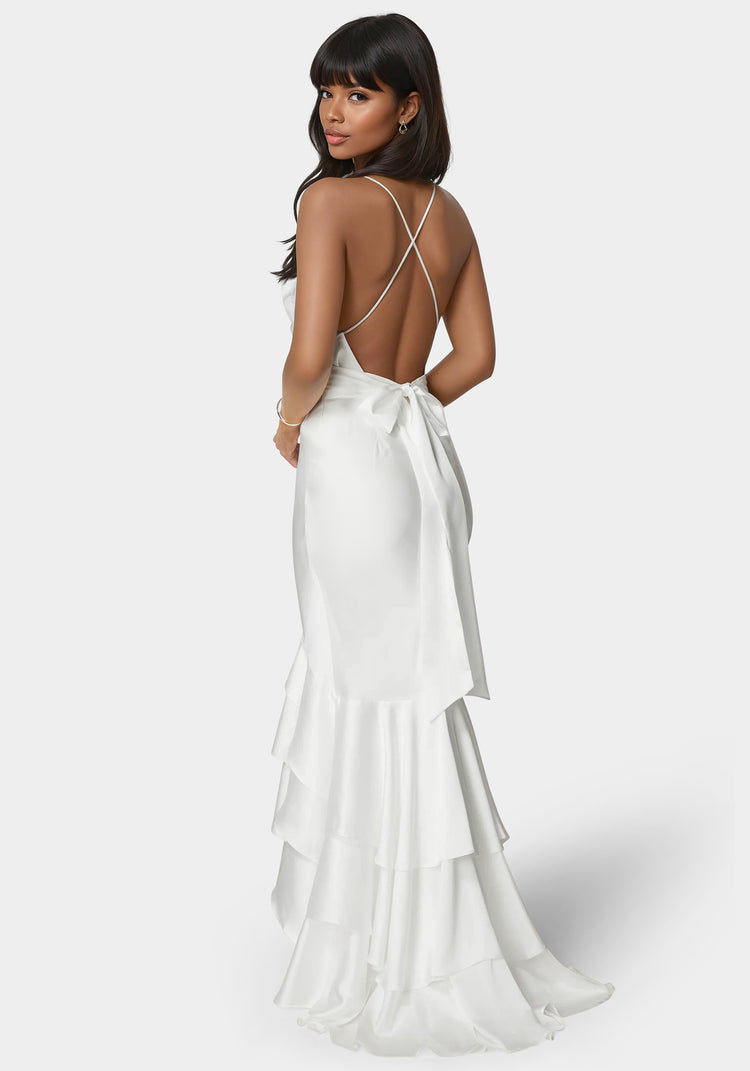 Bebe Tiered Satin High Low Gown