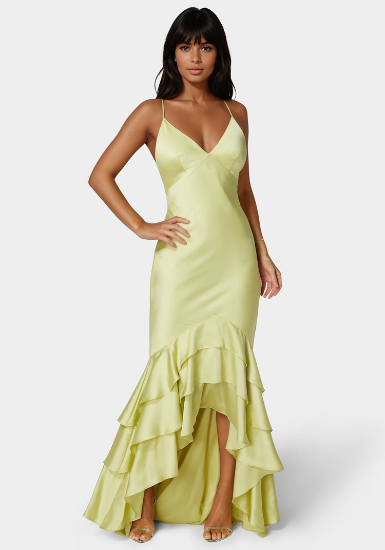 bebe Tiered Satin High Low Gown