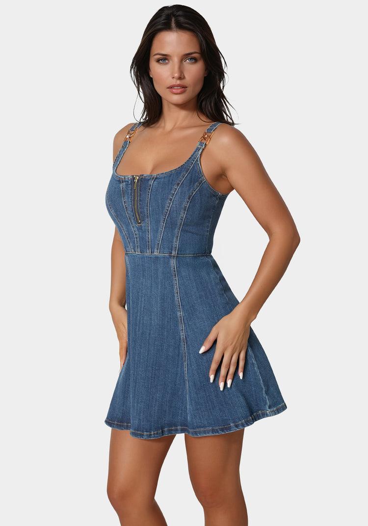 Bebe Trim Detail Fit & Flare Denim Dress