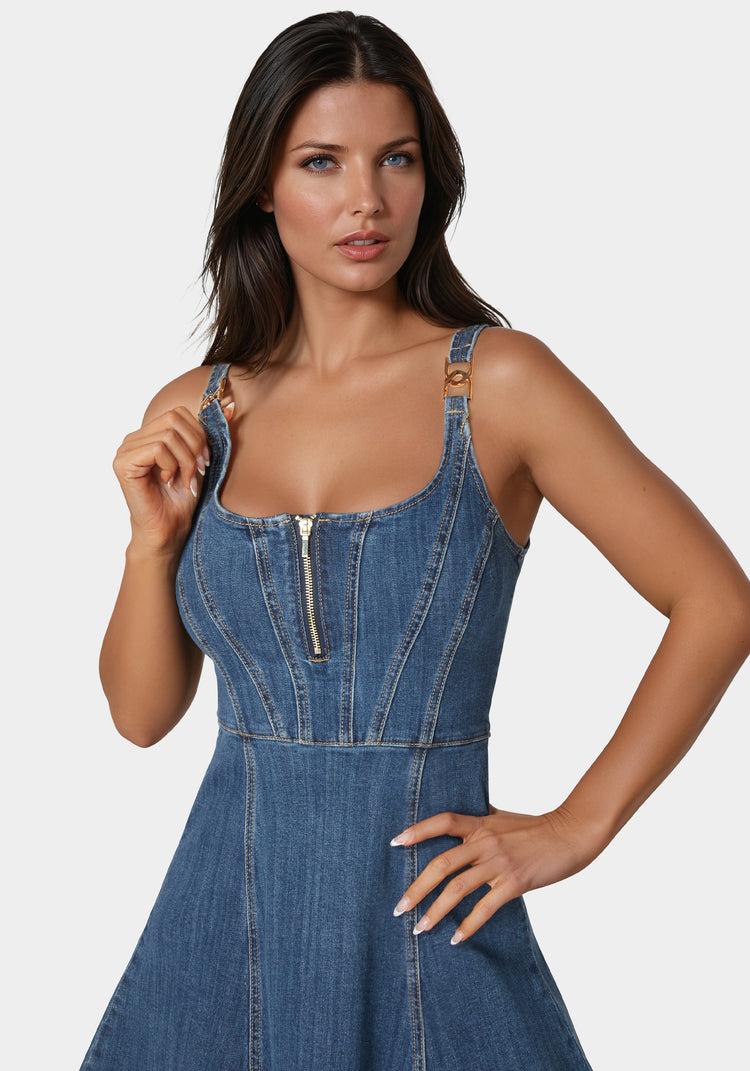 Bebe Trim Detail Fit & Flare Denim Dress