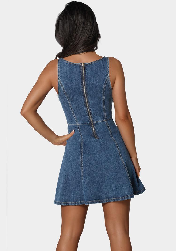 Bebe Trim Detail Fit & Flare Denim Dress