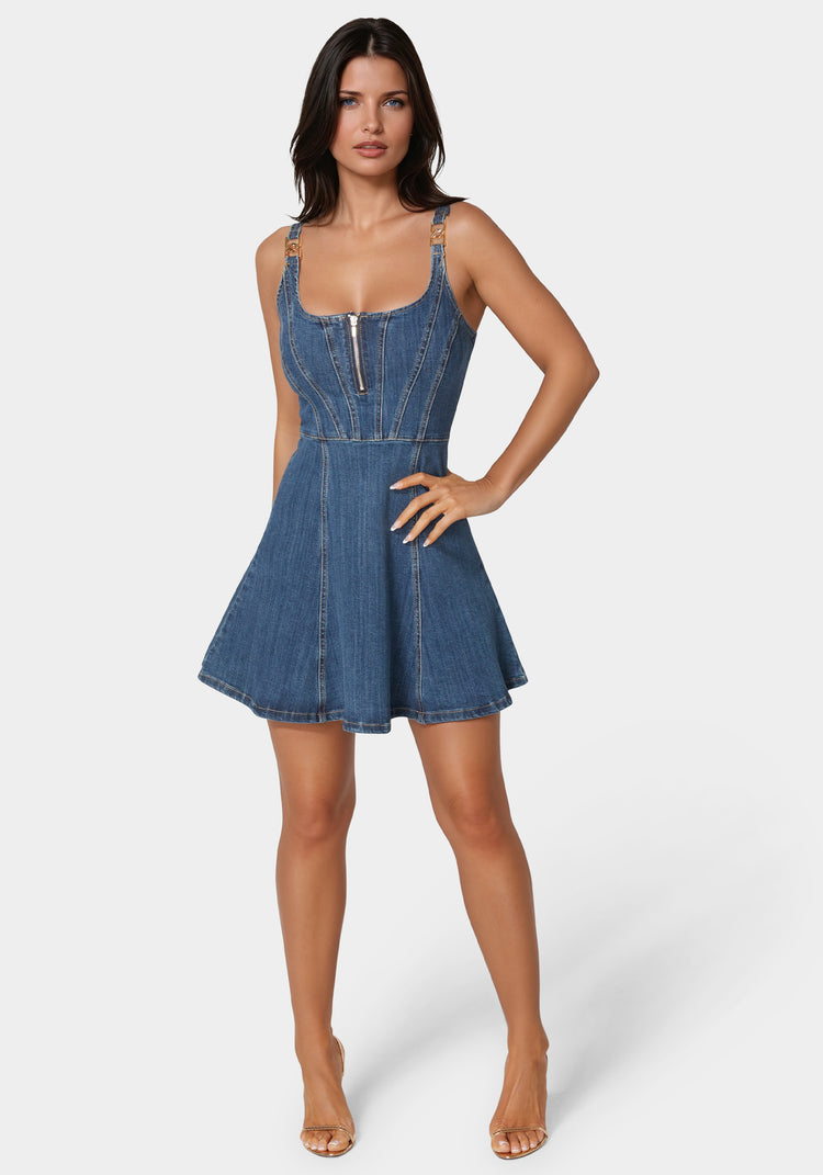 bebe Trim Detail Fit & Flare Denim Dress