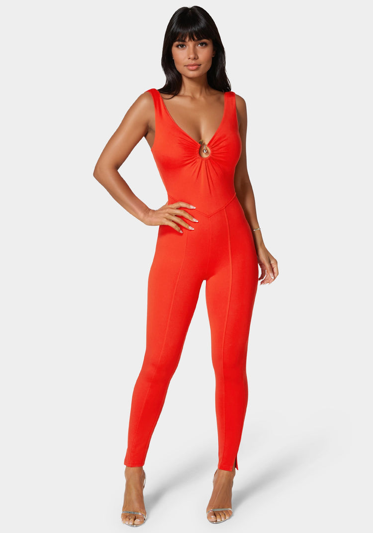 bebe Trim Detail V Neck Catsuit