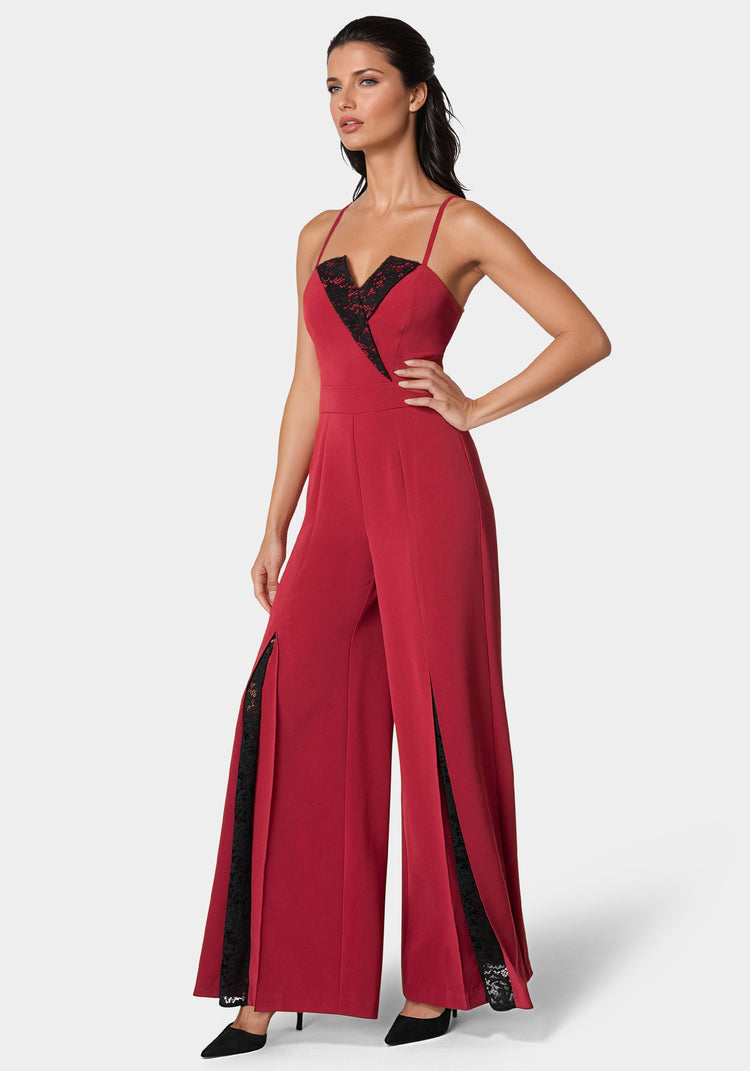 Bebe Tuxedo Lace Combo Ultra Wide Leg Jumpsuit